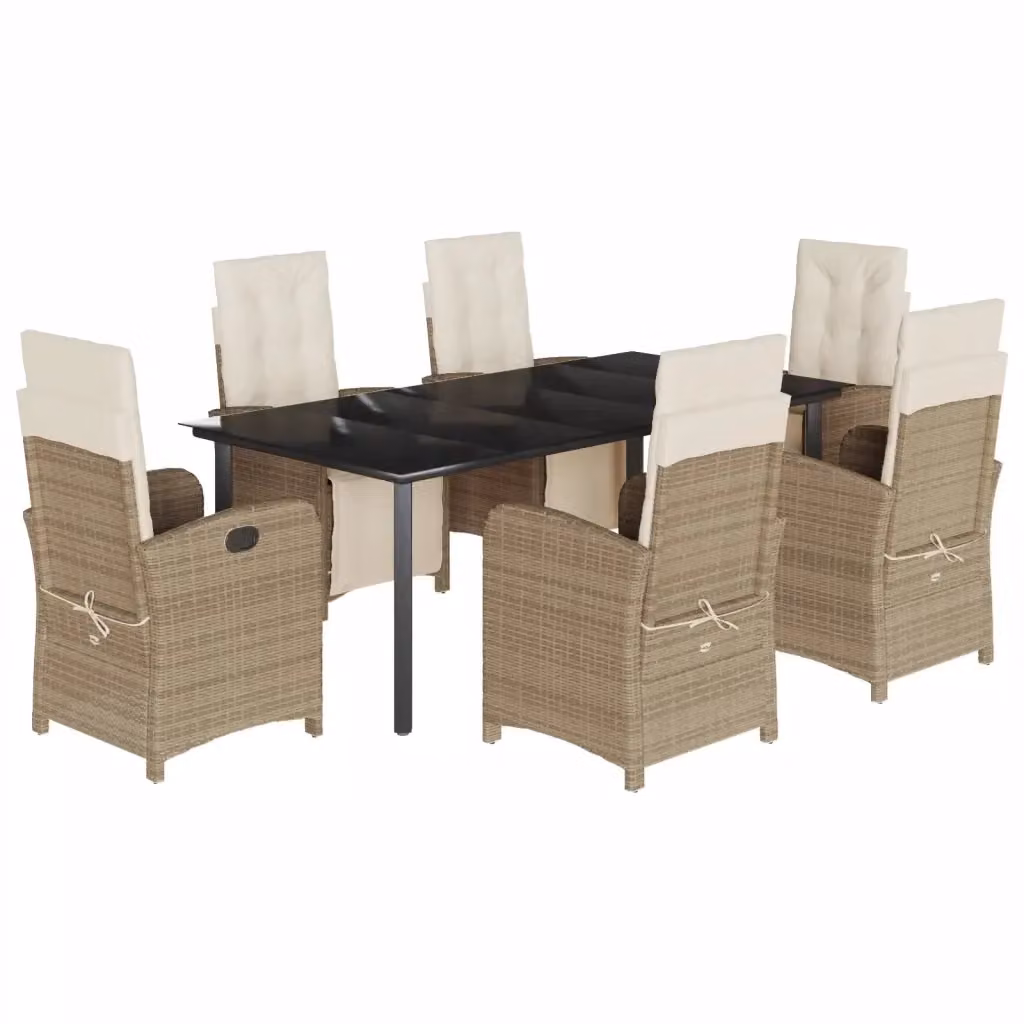 Set da Pranzo da Giardino vidaXL in Polyrattan con Cuscini Beige e Tavolo in Vetro, 7 Pezzi – 2