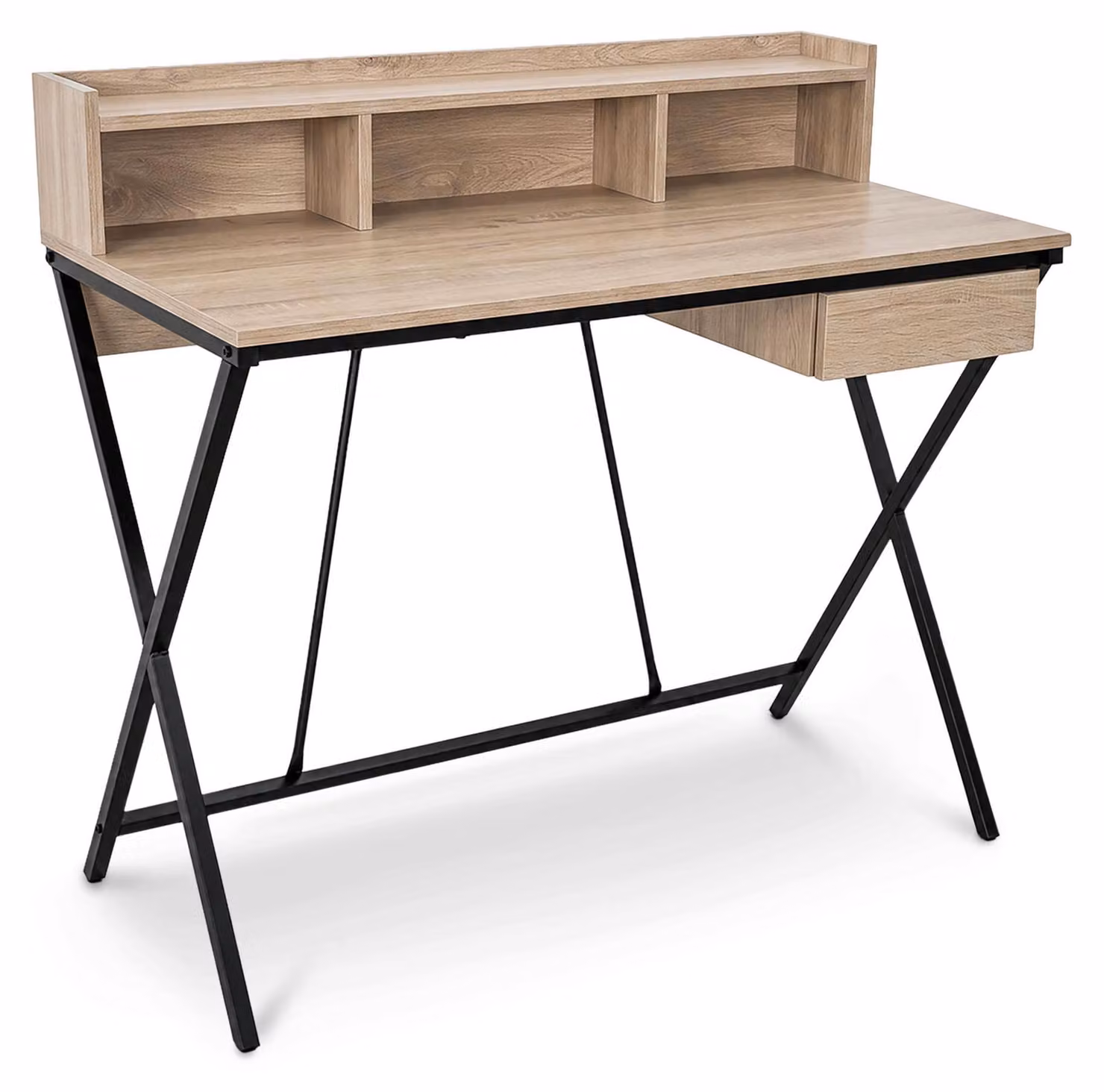 Scrivania PC industriale Rovere Sonoma FLEXO 100 cm 1 cassetto 1 ripiano gambe nere