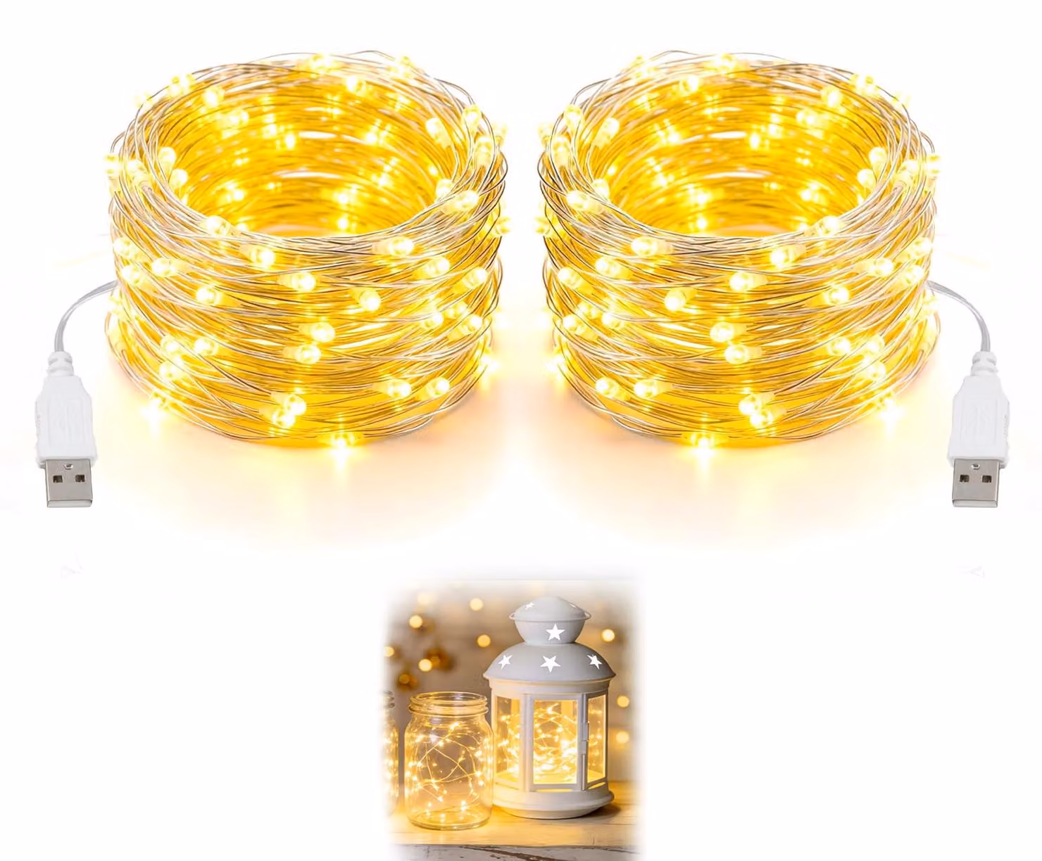 Catena luminosa a LED, alimentazione USB, 5 metri, 50 LED bianco caldo, filo di rame flessibile