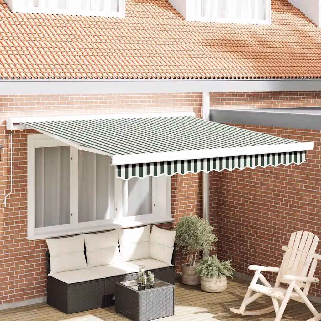 Tenda retrattile vidaXL con bracci pieghevoli in alluminio e tela in poliestere, Verde e Bianco, L: 300 cm x P: 250 cm