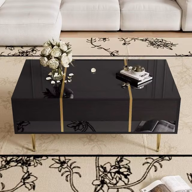 Tavolino da caffè MINIMAL nero lucido con 2 cassetti e dettagli oro, L: 60 cm, P: 41,5 cm, H: 26,15 cm