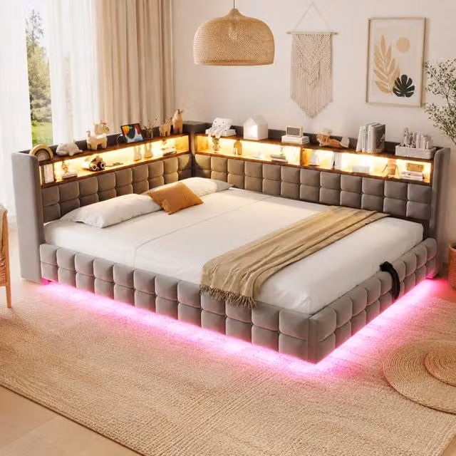 Divano letto imbottito multifunzione 140x200 cm in velluto grigio chiaro con LED e vano contenitore