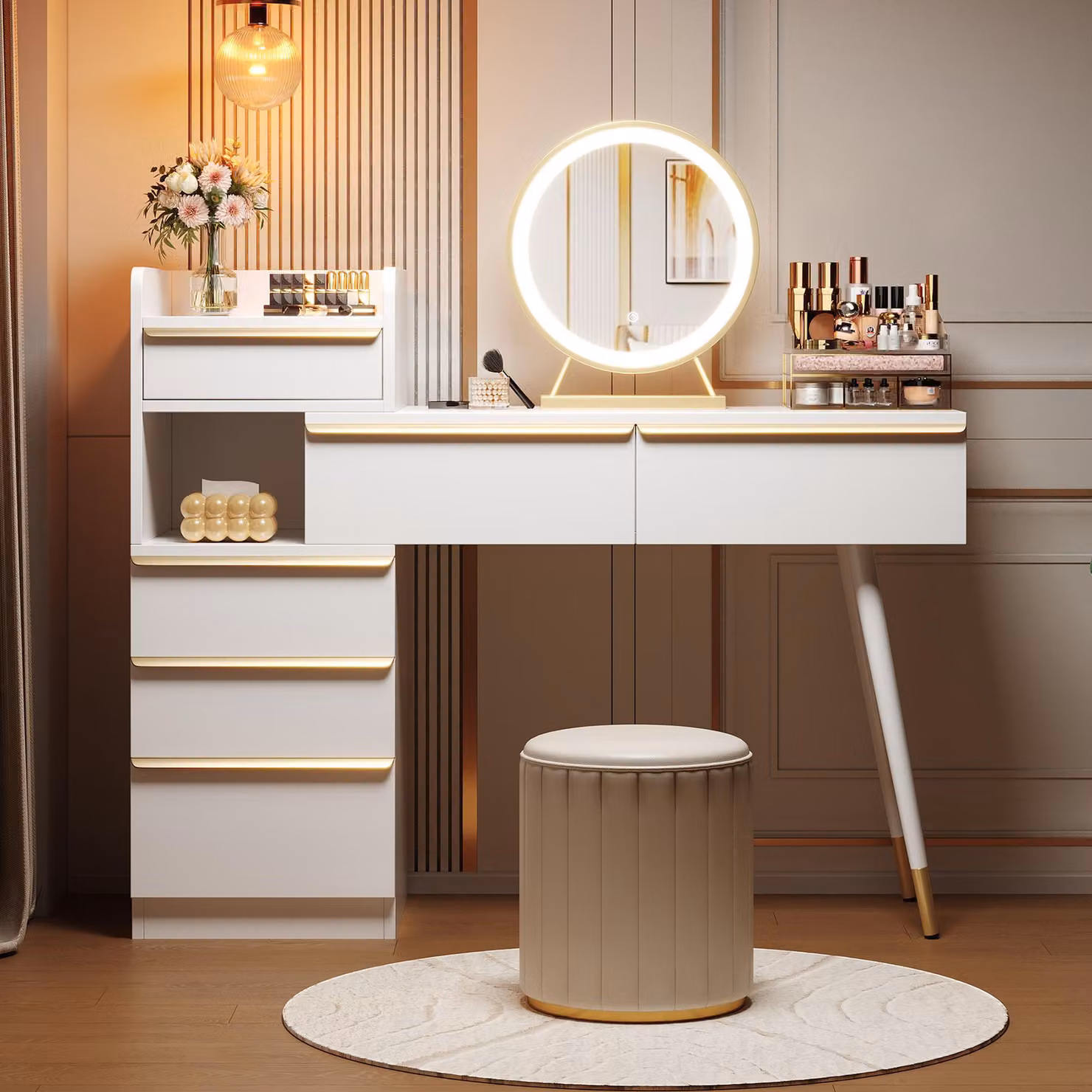 Comodino Sweiko con piano allungabile, 6 cassetti e maniglie dorate, specchio LED con luce dimmerabile, bianco, dimensioni: 102 x 100 x 41,5 cm (A x L x P) Sgabello non incluso