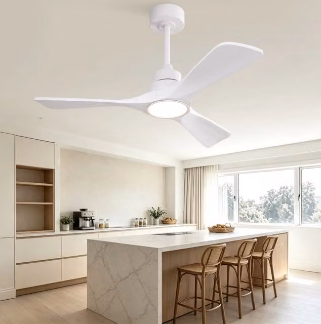 Ventilatore da soffitto MODFU con luce LED dimmerabile, telecomando e timer, colore bianco e legno