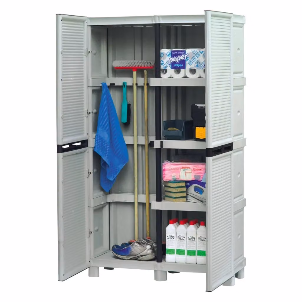 Armadio da esterno o interno DMORA con 2 ante e 3 ripiani in polipropilene, Grigio chiaro, L: 100 cm, P: 39 cm, H: 172 cm – 2