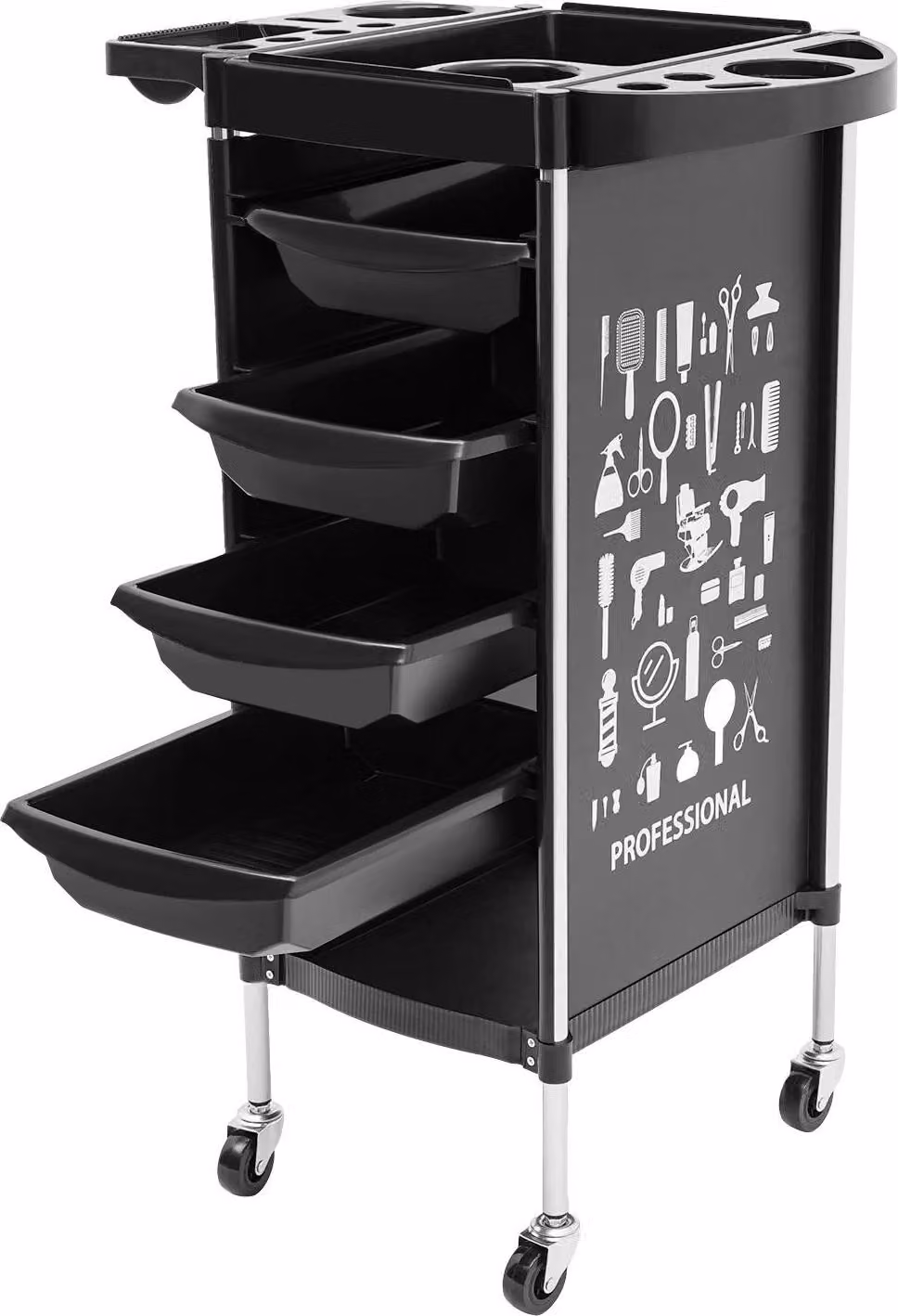 Carrello da parrucchiere - Carrello da salone - 4 cassetti estraibili - Con rotelle - Plastica - Montaggio necessario - Nero