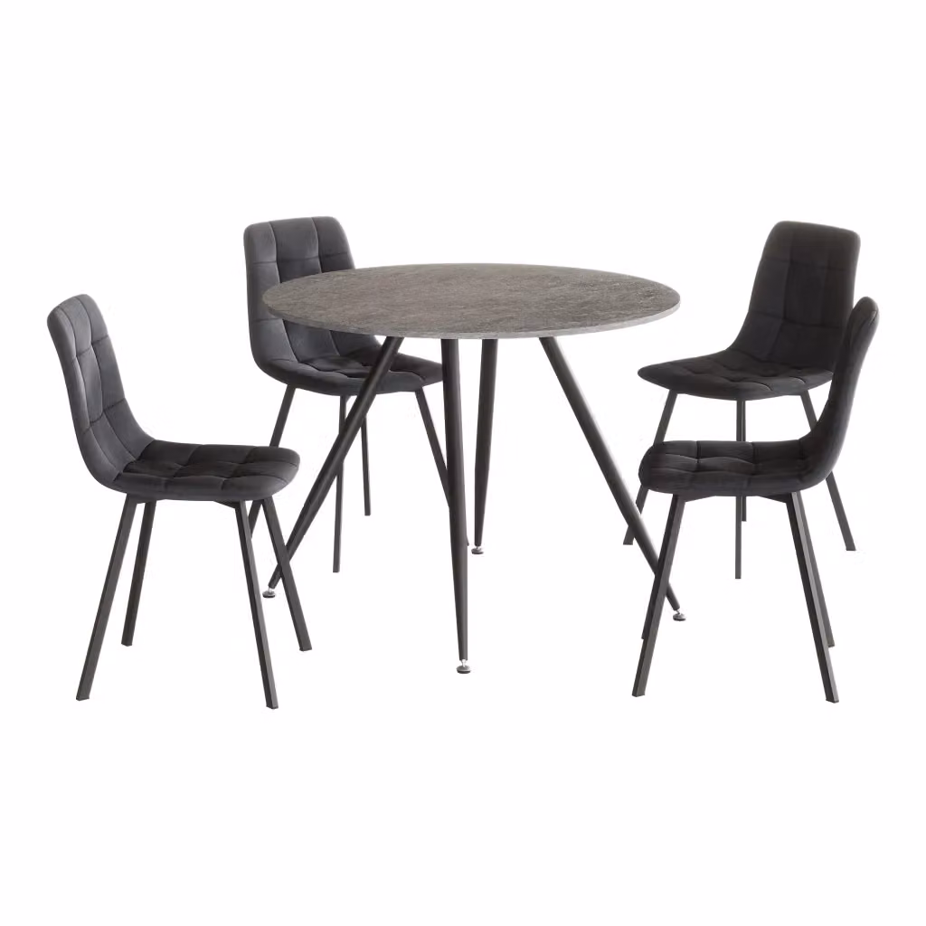 Set da Pranzo Fitjar en.casa con Tavolo Rotondo Effetto Cemento Ø100 cm e 4 Sedie in Velluto Grigio Scuro – 2