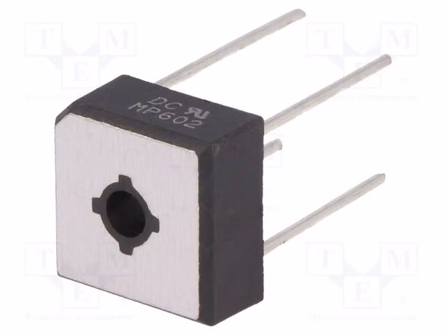 Raddrizzatore a ponte: monofase; Tensione massima: 200V; Corrente continua: 6A; Corrente di spunto: 175A. MP602. Ponte di diodi monofase, forma quadrata