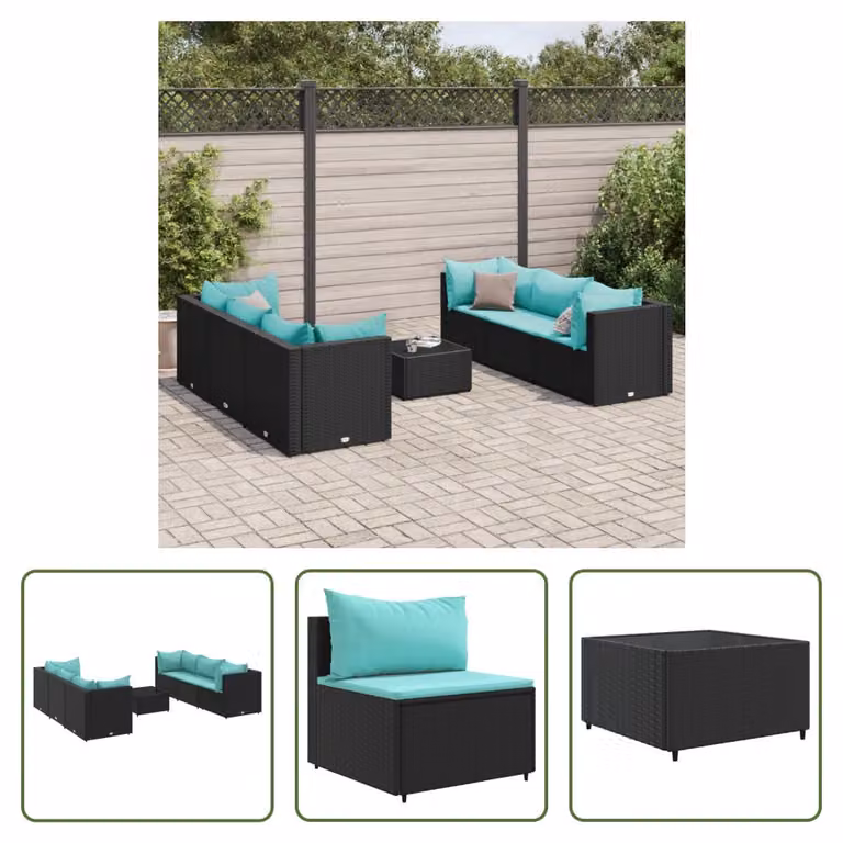 The Living Store Set da giardino 7 pezzi con cuscini in poly rattan nero