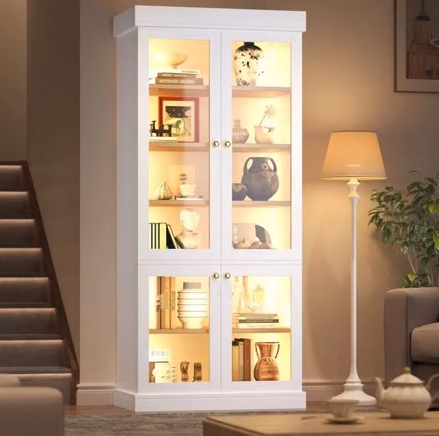 Mobile alto con illuminazione LED regolabile; 80x40x180 cm; MDF e vetro; bianco