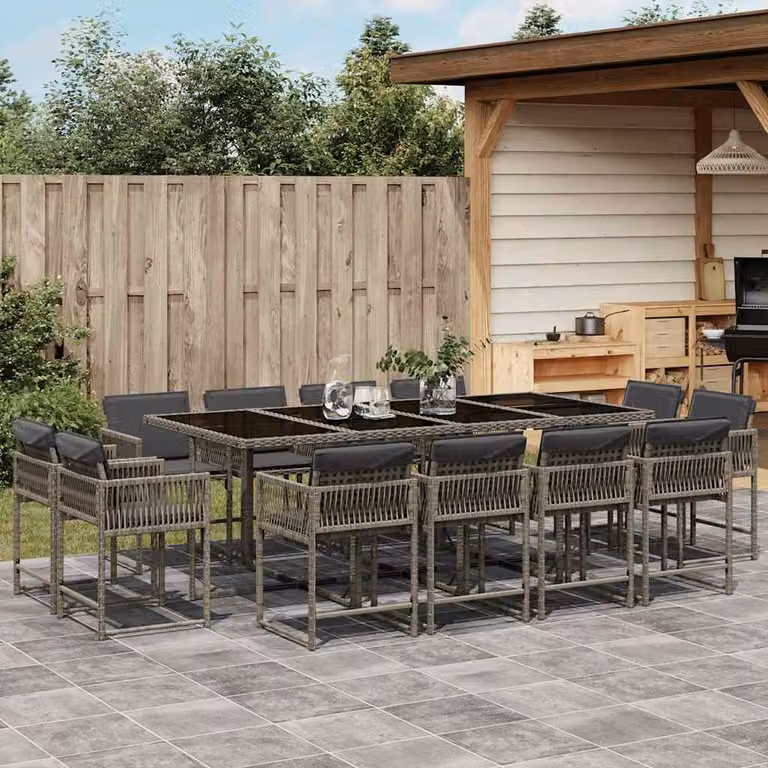 Set da Pranzo da Giardino vidaXL in Polyrattan con Cuscini e Tavolo in Vetro, 13 Pezzi, Grigio e Nero