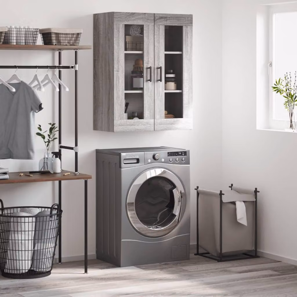 Mobile a parete vidaXL moderno in legno e vetro con ante in vetro, Grigio Sonoma, L: 69,5 cm, P: 34 cm, H: 90 cm