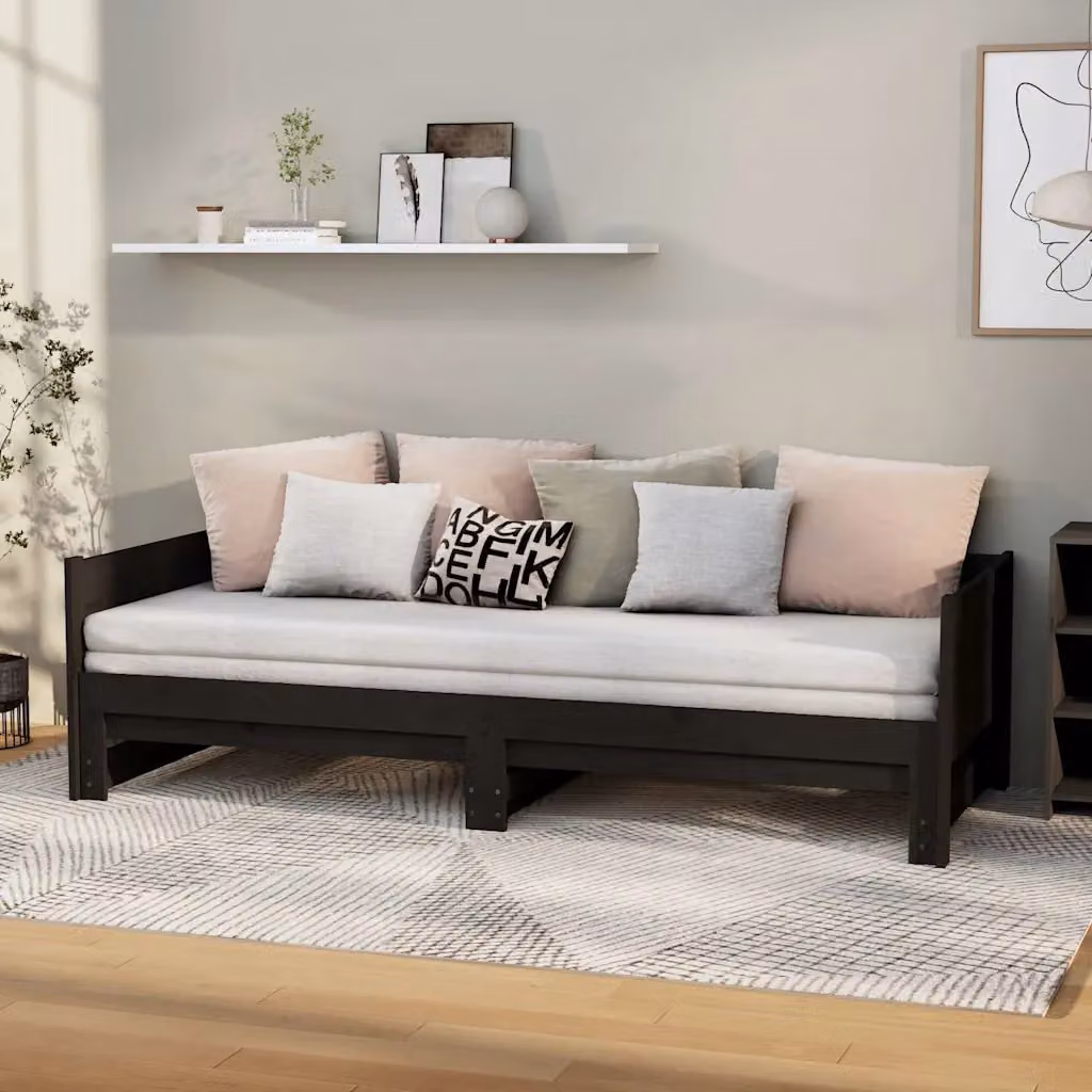 vidaXL Dormeuse Estraibile in Legno Massello di Pino Nera L/P/H: 204 x 90 x 181 cm – 1