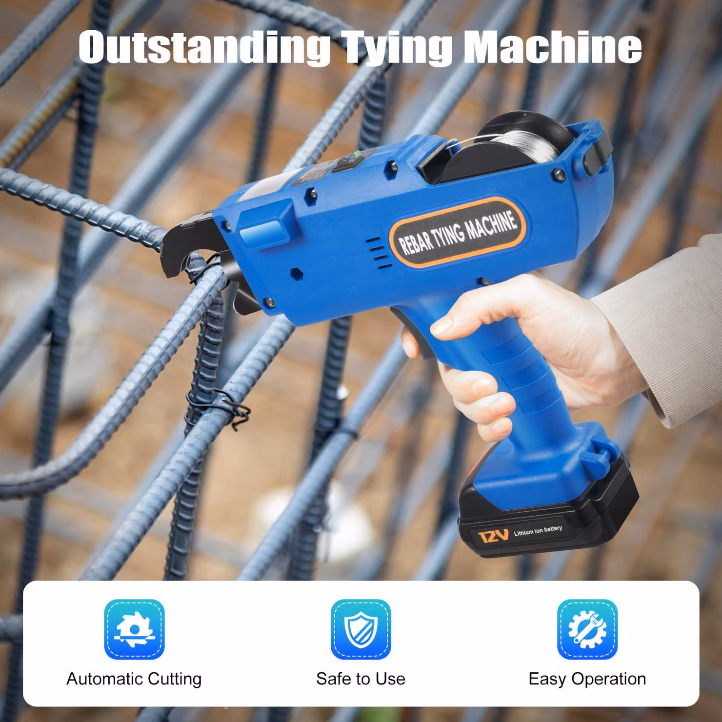 Macchina automatica per legare fascette, colore blu, alimentazione 12V, range di legatura da 8 a 34 mm, adatta per plastica e acciaio