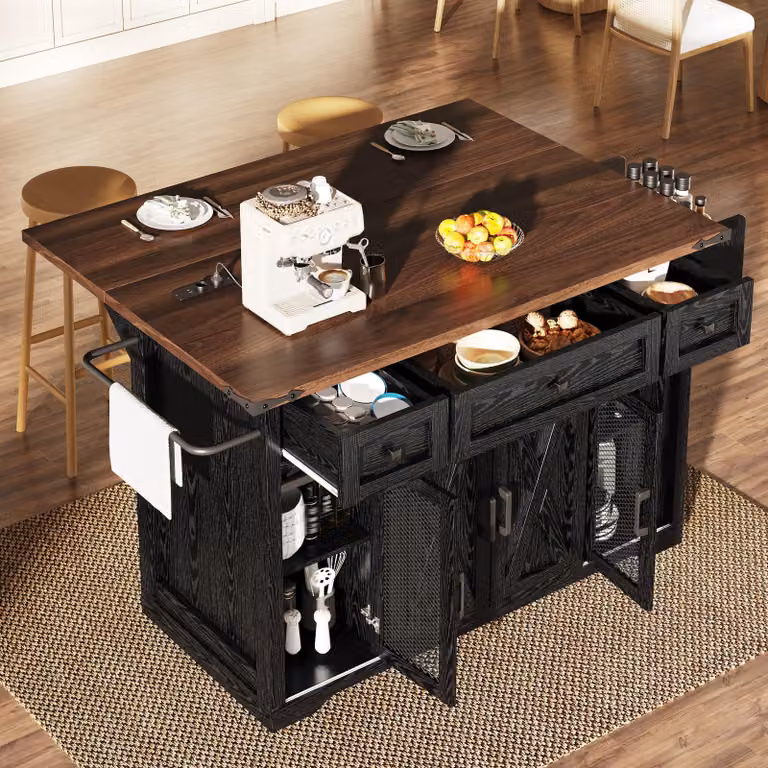 Carrello da cucina MODFU nero con cinque rotelle, isola da cucina con piano di lavoro estraibile, tavolo da cucina con presa di corrente e altezza di lavoro di 91 cm