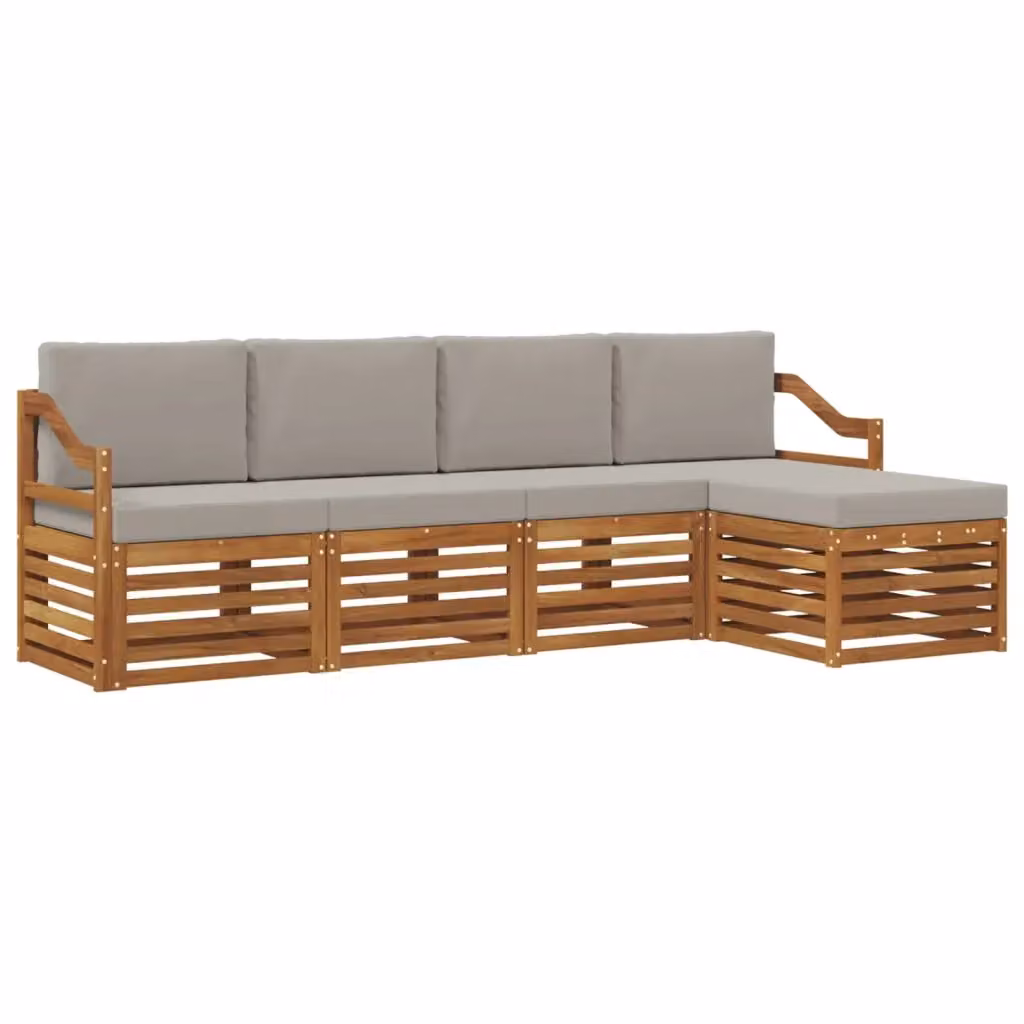 Set di divani da esterno a L vidaXL in legno di acacia con pouf e cuscini, beige e grigio – 2