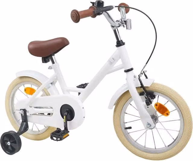 Bicicletta per bambini da 14 pollici bianca con struttura in metallo e pneumatici in gomma
