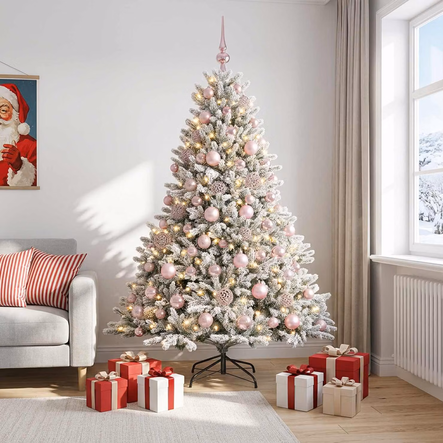 Albero di Natale artificiale vidaXL verde con palline bianche e 300 LED luce bianca calda, Altezza: 180 cm