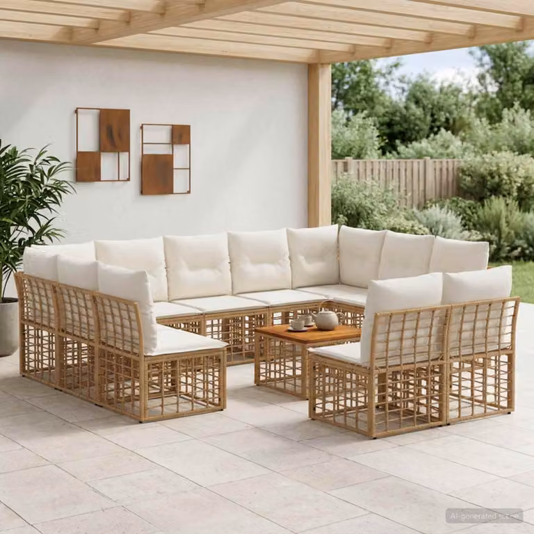 vidaXL Set di divani da esterno 12 posti con tavolo da caffè in stile moderno, colore beige e bianco, struttura in metallo e legno di acacia con cuscini inclusi