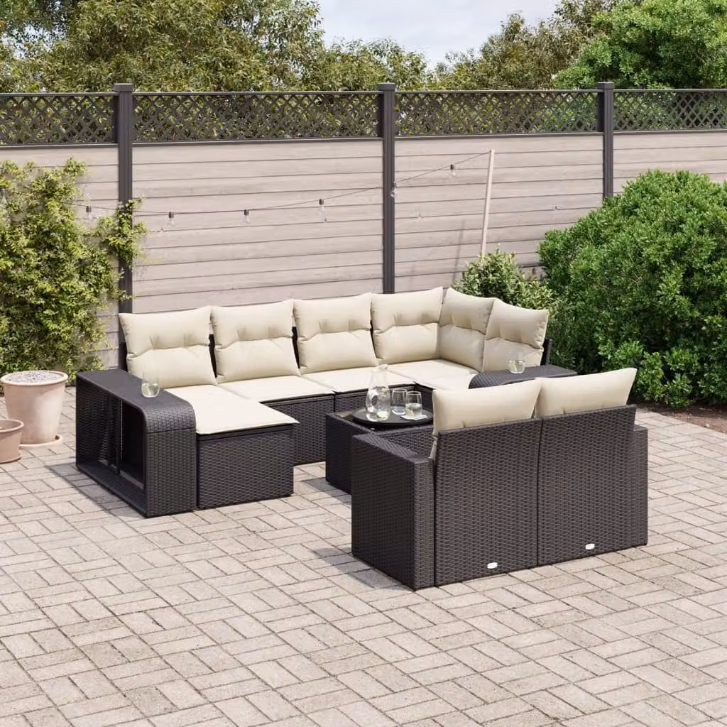 vidaXL Set Divani da Giardino 11 pz a Forma a U con Cuscini e Tavolino in Polyrattan Nero e Acciaio – 1