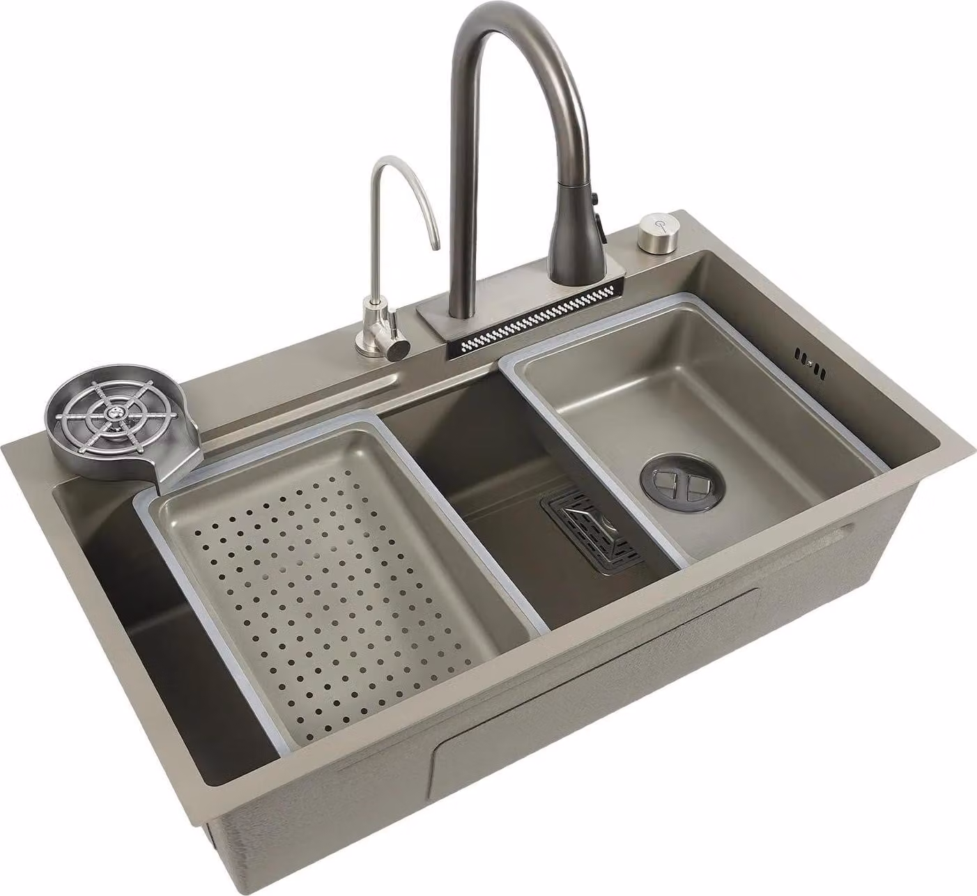 Lavello da incasso multifunzionale - Doppia vasca 80×45 cm - Acciaio inox - Con rubinetteria - Rettangolare - 1 foro - Grigio chiaro