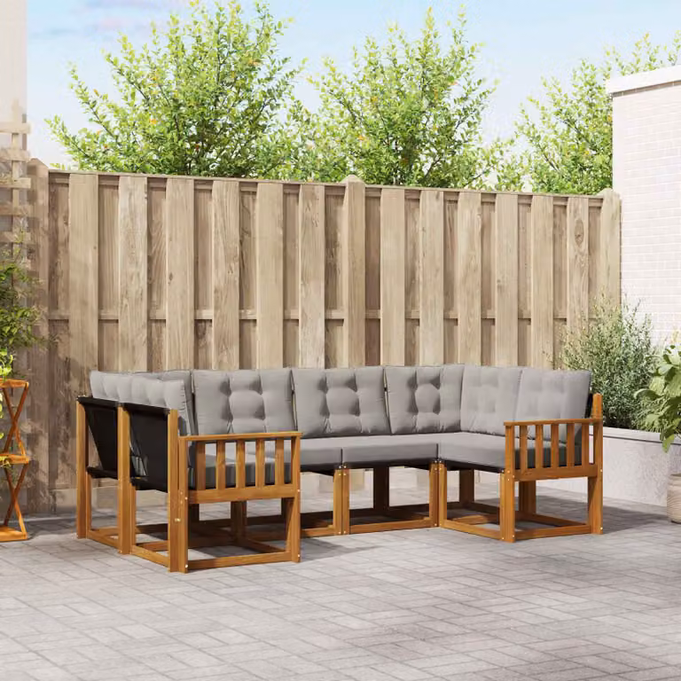 Set di divani da esterno vidaXL a forma di L composto da 6 pezzi in legno di acacia e tessuto textilene, colore marrone e grigio chiaro