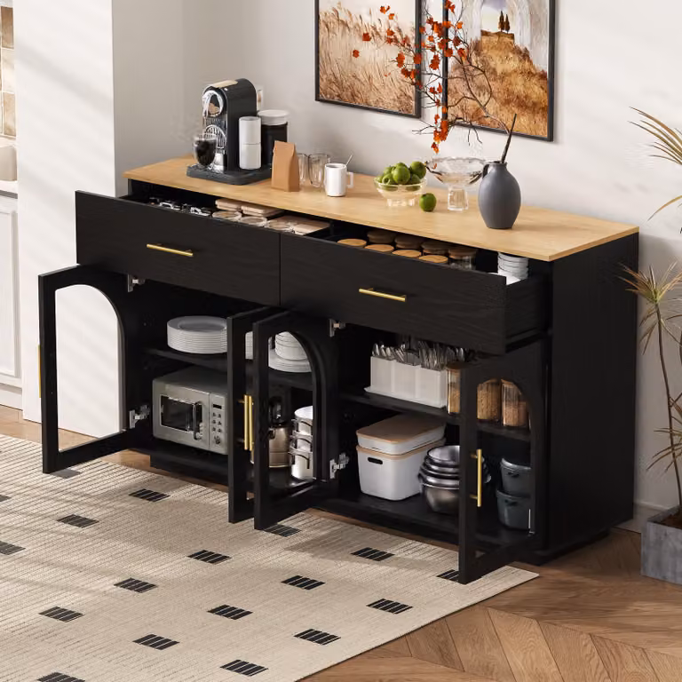 Mobile contenitore laterale STILVORA con striscia LED e piano di lavoro, armadietto da cucina con 2 cassetti e 4 ante, credenza con ripiani interni per stoviglie e provviste