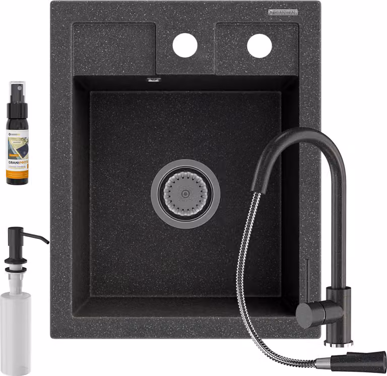 Granitan - Lavello in granito - Lavello da cucina - 50x40 cm - Nero - con rubinetteria LOSETO e dispenser per sapone - BEST