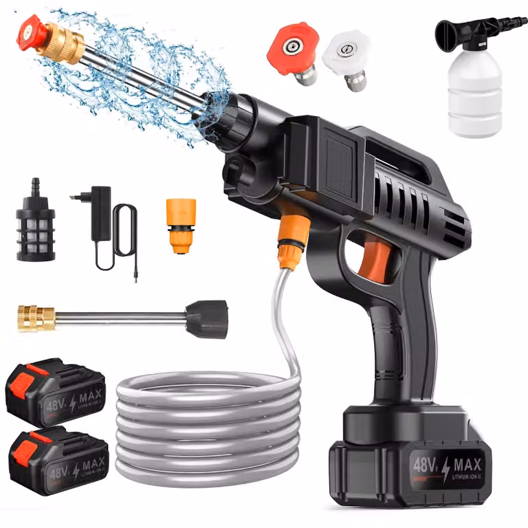 Pulitore ad alta pressione a batteria - Senza fili - 1500 W - 40–50 bar - 2 batterie da 12000 mAh - Ugello multi-getto - Aspirazione automatica - Flacone per schiuma con filtro in acciaio inossidabile