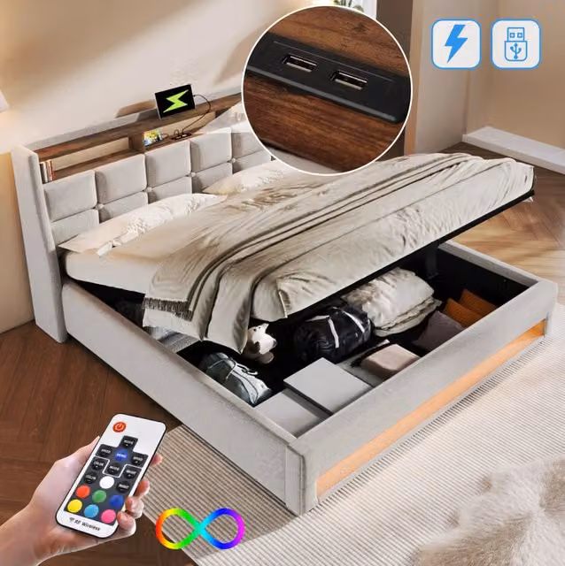 Letto imbottito contenitore 180x200 cm con LED; USB e rete a doghe; rivestimento in lino beige