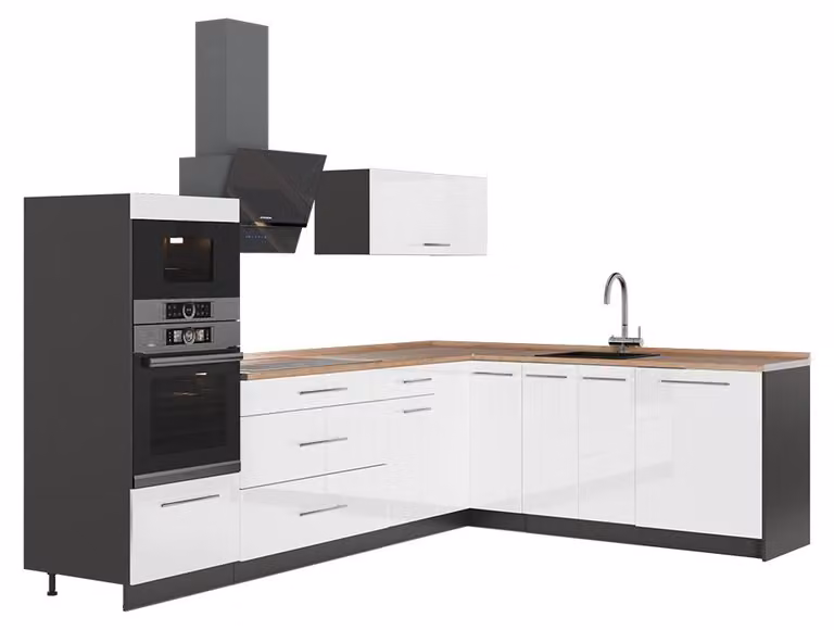 Cucina angolare completa Vicco Fame-Line Bianco lucido/Antracite 287 x 207 cm, PL Rovere, Model 63482