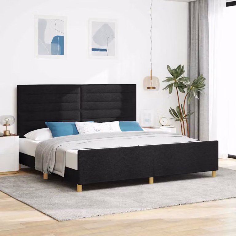 Struttura del letto con testiera vidaXL in tessuto nero e legno, L/P/H: 200 x 200 x 128 cm