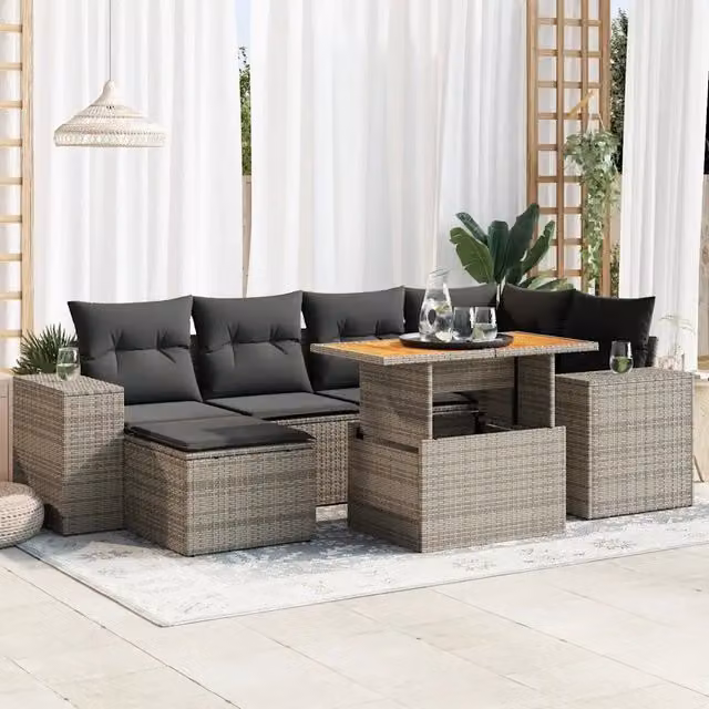 Set Divani da Giardino 7 pz con Cuscini Grigio in Polyrattan 3327399
