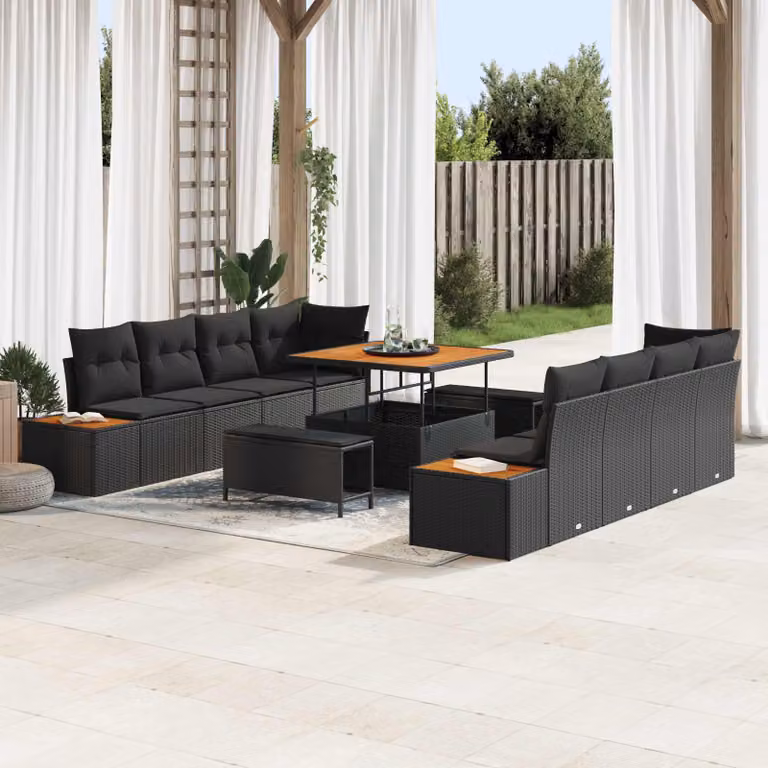 Set Divano da Giardino vidaXL 11 Pezzi a Forma di U con Cuscini Nero