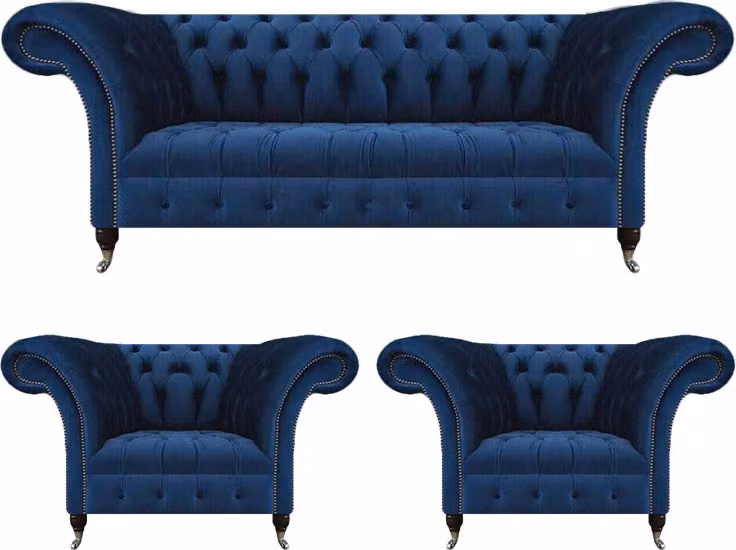 Wohnzimmer Set 3tlg Luxus Garnitur Chesterfield Blau Polstersitz Chesterfield