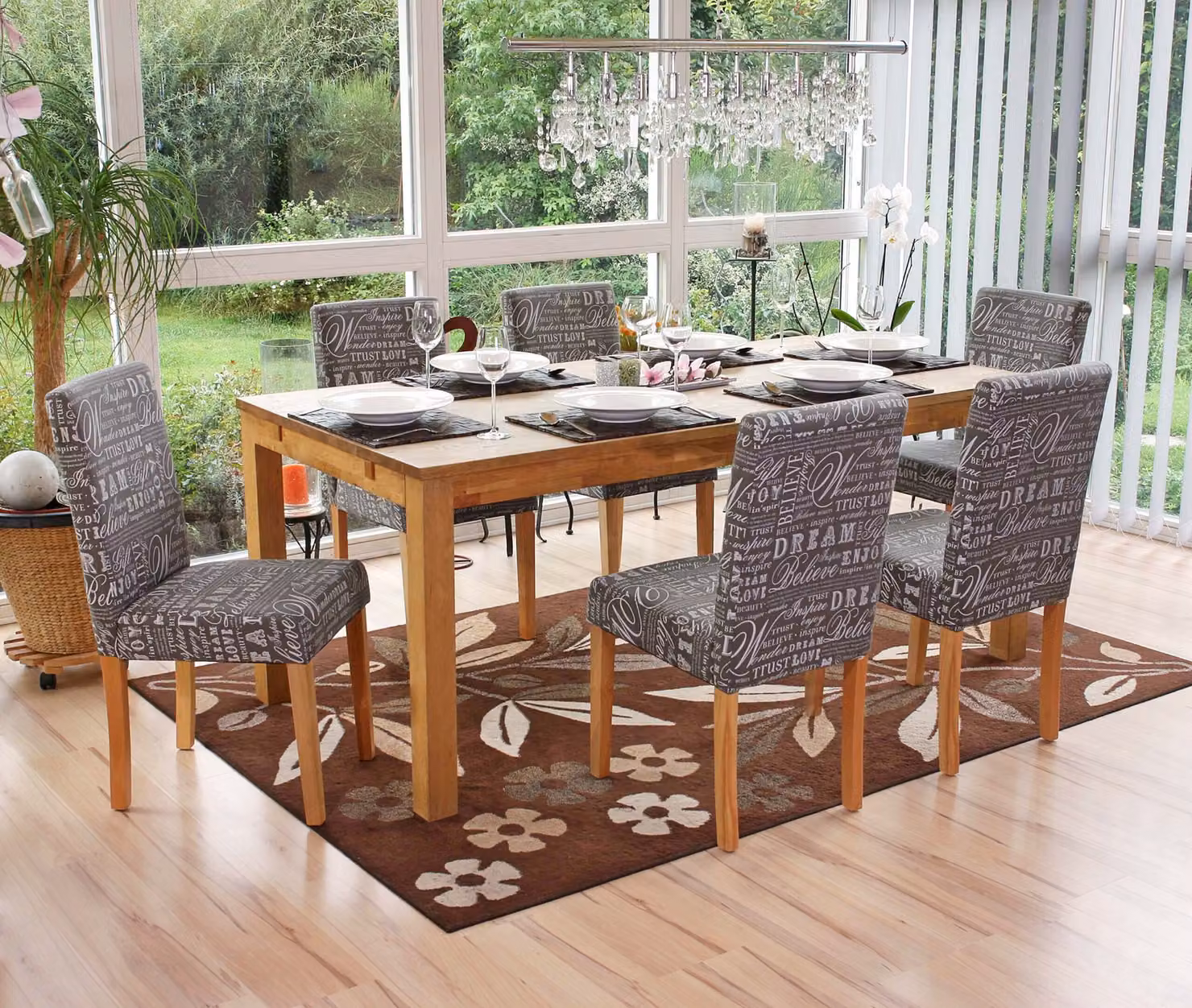 set di 6 sedie per sala da pranzo Sedia da cucina Littau ~ tessuto con scritte, grigio, gambe chiare