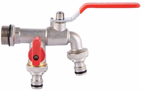 Rubinetto doppio da giardino, rubinetto esterno, doppio scarico e attacco per lavatrice, raccordo a muro "1/2*3/4*3/4 a doppia filettatura [filettatura estesa a 4 punti]", ottone, rosso