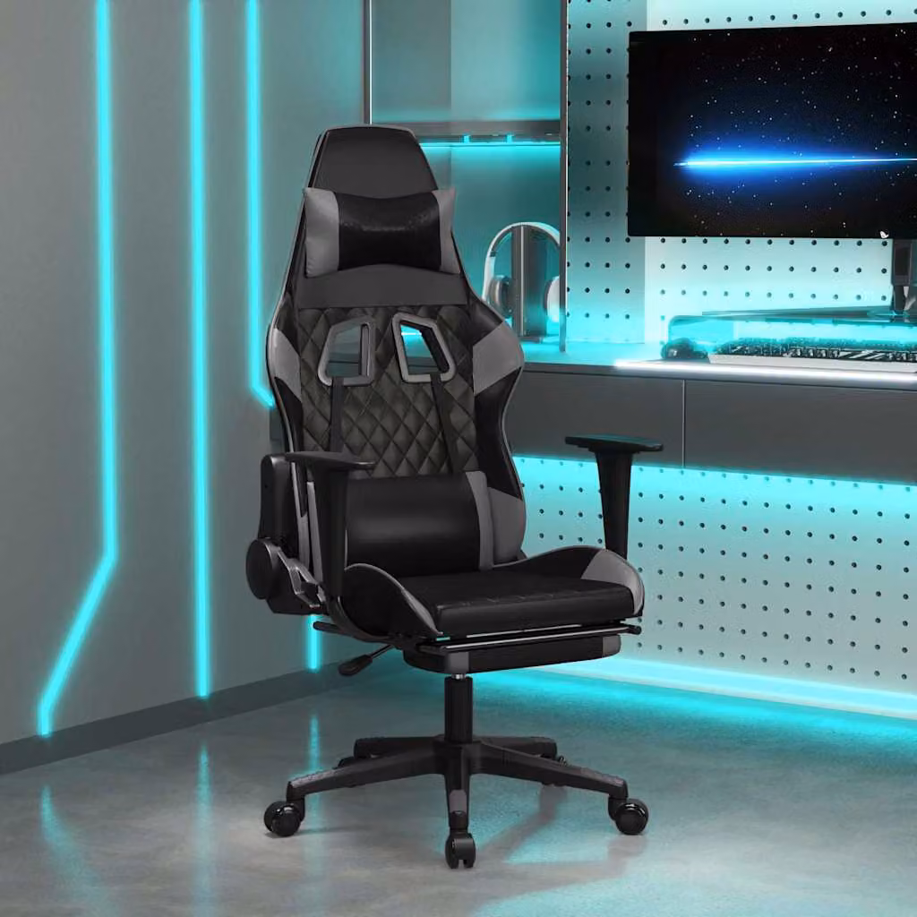 Sedia da Gaming vidaXL in Similpelle Nero e Grigio con Poggiapiedi e Schienale con Poggiatesta