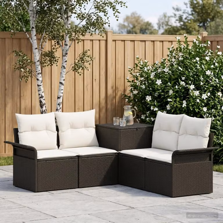 Set di divani da giardino vidaXL a forma di L con cuscini, struttura in acciaio verniciato a polvere e tessuto resistente alle intemperie, nero, bianco e beige