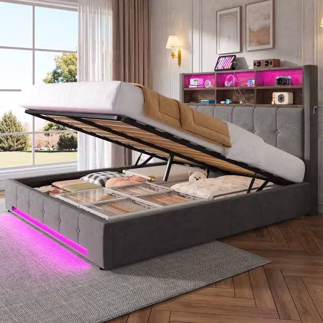 Letto in velluto 160 x 200 cm con testiera multifunzionale: 6 vani, tasche laterali, USB-C, LED e grande contenitore antipolvere sotto il letto