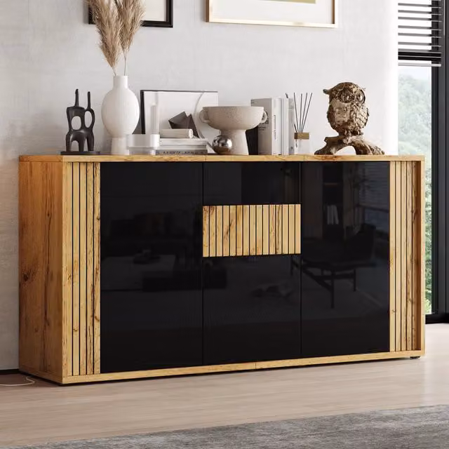 Credenza con 3 ante push to open e 6 vani in MDF e truciolato nero lucido e legno 140 × 35 × 71 cm