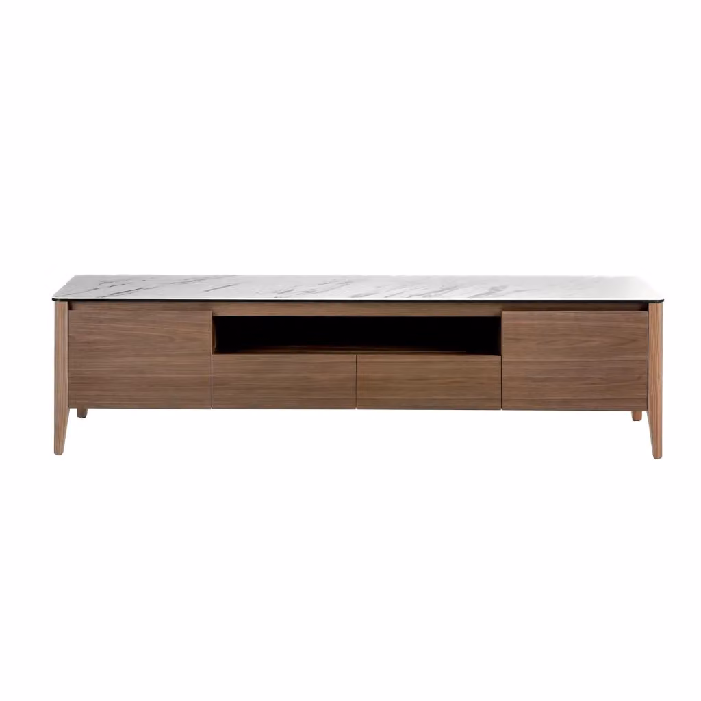 Mobile porta TV moderno Angel Cerdá in legno noce con piano in vetro e cassetti soft-close, L: 200 cm, P: 45 cm, H: 51 cm – 2