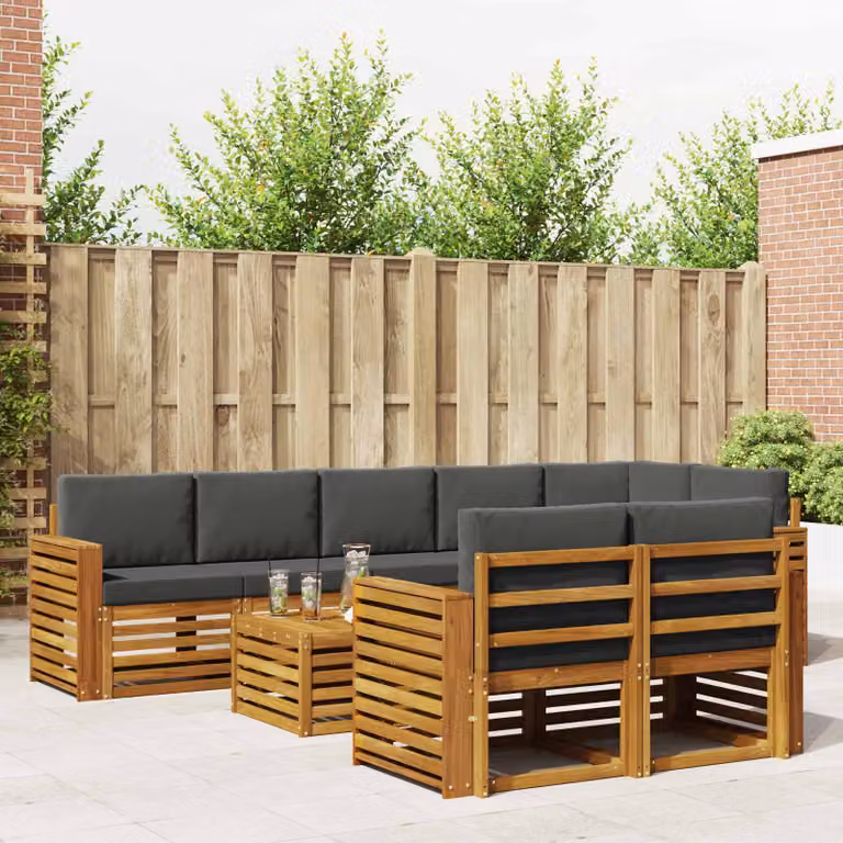 Set di divani da esterno vidaXL a forma di U composto da 9 pezzi in legno di acacia con cuscini in poliestere antracite e marrone