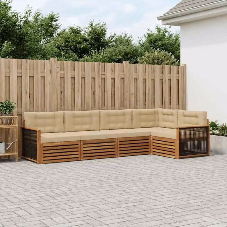 Set di divani da esterno a L vidaXL in legno di acacia con cuscini, Beige e Marrone