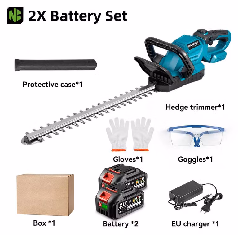 Potatore elettrico per siepi - Tagliabordi a batteria - Lame da 53 cm - Lame bilaterali - Manico regolabile a 180° - Set con 2 batterie