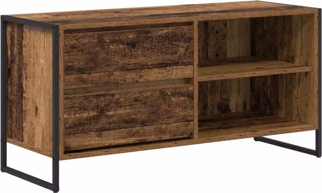 Porta TV rettangolare con cassetto e gambe in acciaio design industriale soggiorno 100 x 36 x 49,5 cm in legno antico 02_0054563