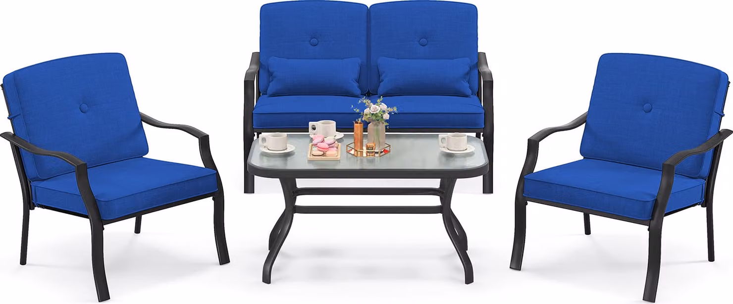 COSTWAY 4-TLG. Set di mobili da giardino, set di sedute con cuscini per la seduta, lo schienale e la vita per 4 persone, incl. 2 sedie, panca e tavolo