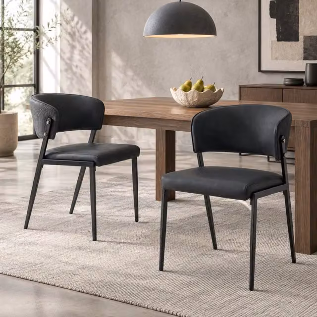 Sedia da pranzo ULEVR nera in similpelle PU con schienale ergonomico e gambe in metallo, altezza 78 cm