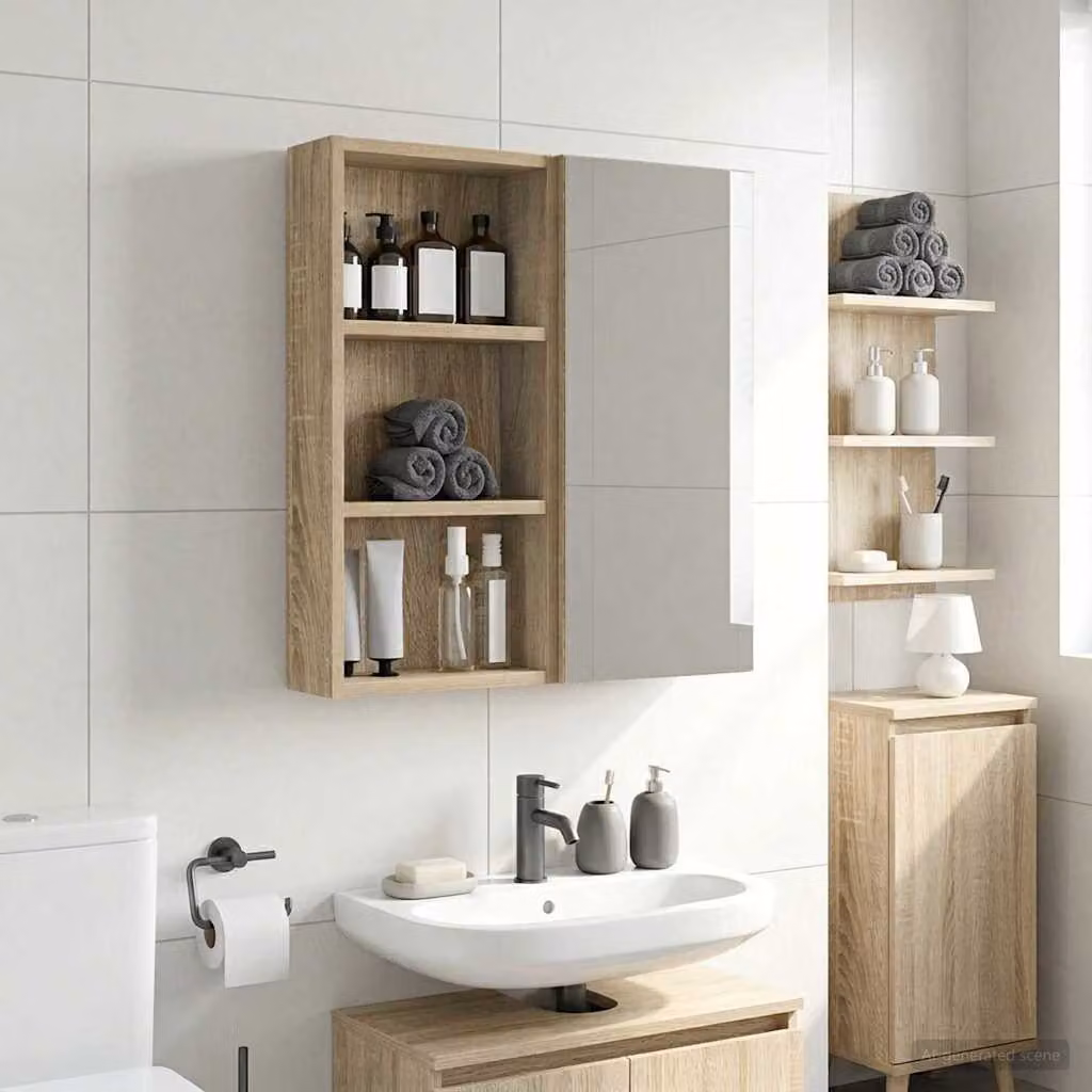 Armadio da bagno a muro vidaXL moderno in legno color rovere con ripiani interni e ante a battente L: 30 cm, P: 10 cm, H: 60,5 cm