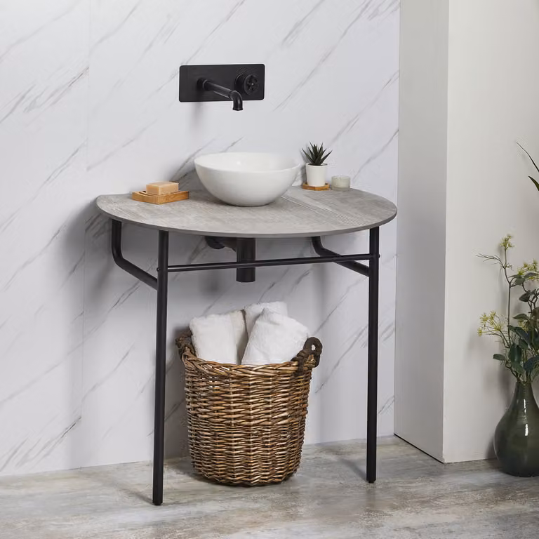 Consolle  Nera con Lavabo Rotondo da 280mm e Ripiano Grigio Pietra - Nitido